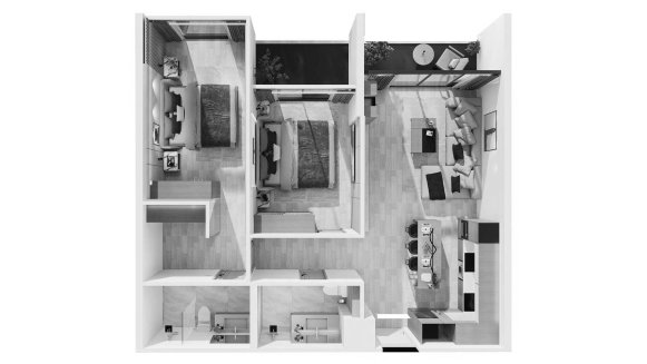Планировка квартиры 2 спальни в ЖК Wallaya Residence Nai Harn № 11008 (2D)